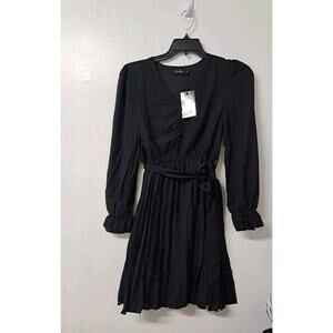 Womens Long Sleeve V Neck Casual Dress, Pleated Mini Dress with Belt Black Sz M‎